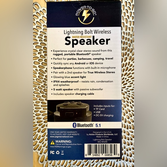 Power To Go - Lightning Bolt Wireless
Water Resistant Speaker - Picture 4 of 5